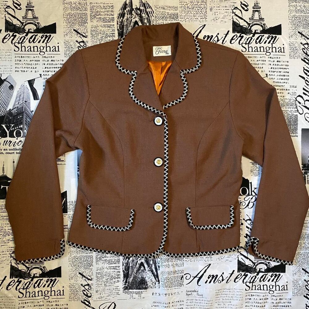 Fiona Italy Women's Brown woven silk blazer vintage 80s 70s workwear formal